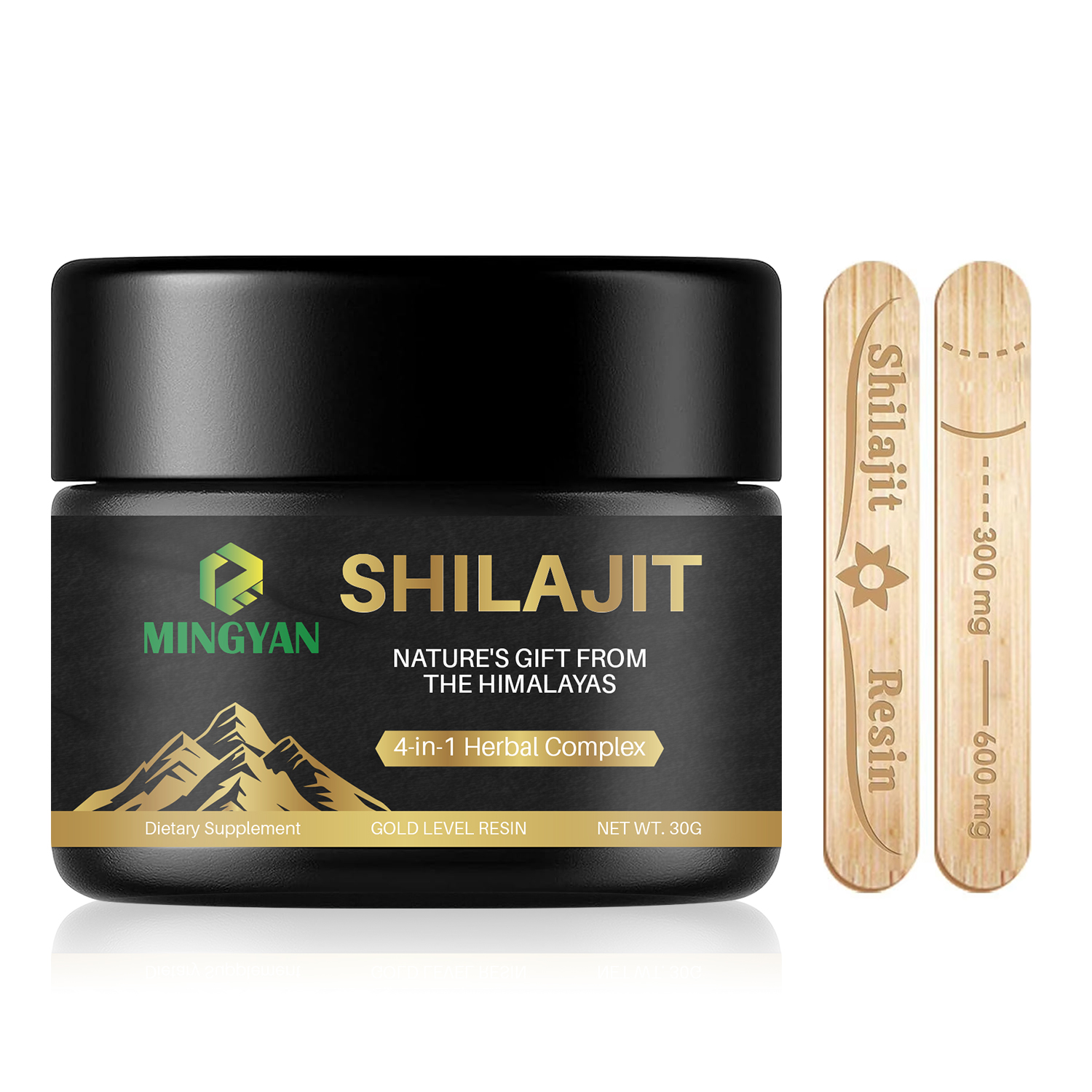 Resina shilajit premium en un frasco oscuro brillante