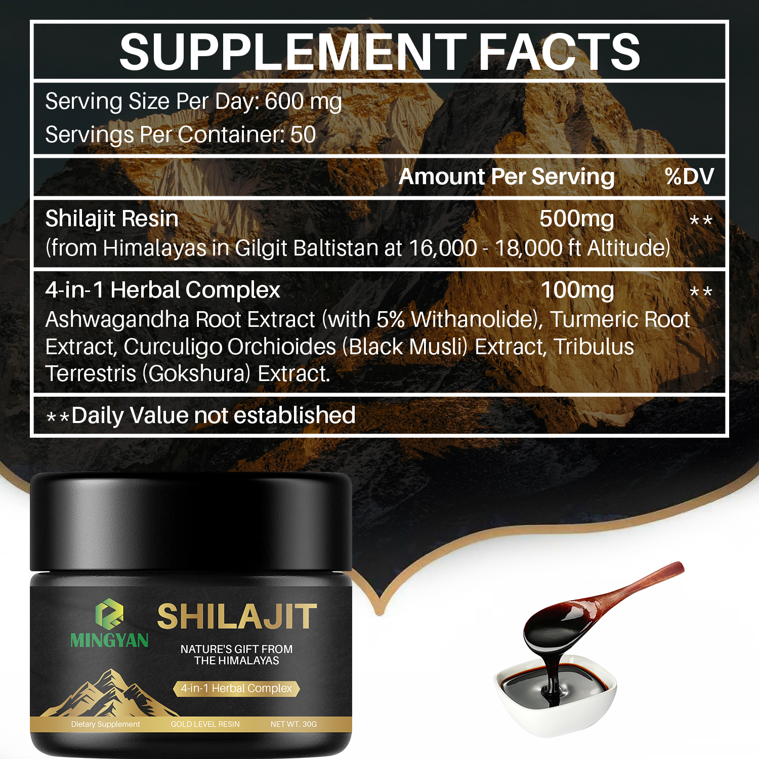 R&eacute;sine Shilajit avec ingr&eacute;dients de formule personnalis&eacute;e